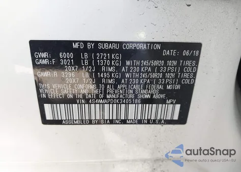 2019 Subaru Ascent Limited z USA, uszkodzony, nr VIN 4S4WMAPD0K3405186